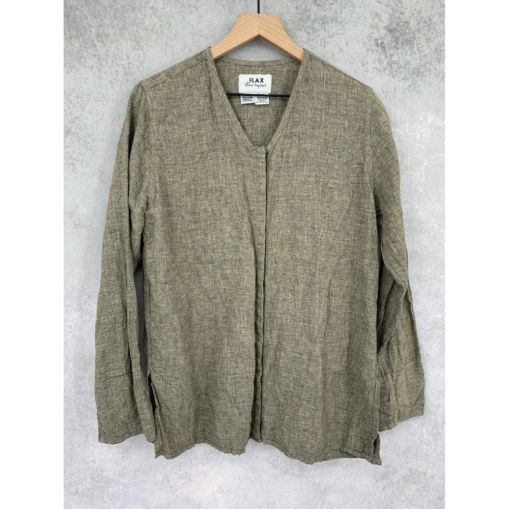 FLAX Shirt Womens Small Green Linen Snap Closure Long Sleeve Lagenlook